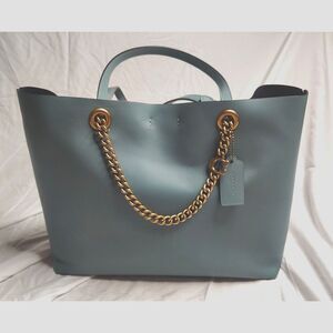 Coach Leather Signature Chain Central Tote Marine Blue Shoulder Bag Designer